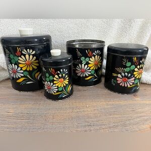 Ransburg Hand-painted Metal 4 Canister Set, black, Floral, 1950s, not perfect